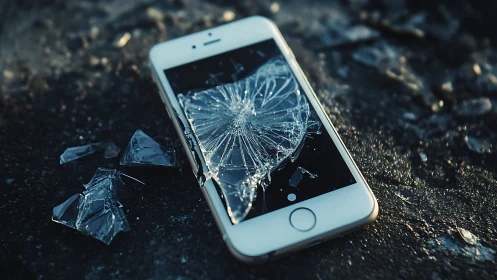 White smartphone with shattered screen on dark rough surface.