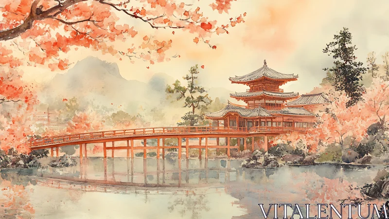 Blushing Sakura Bridge Guarding a Misty Temple Dreamscape.