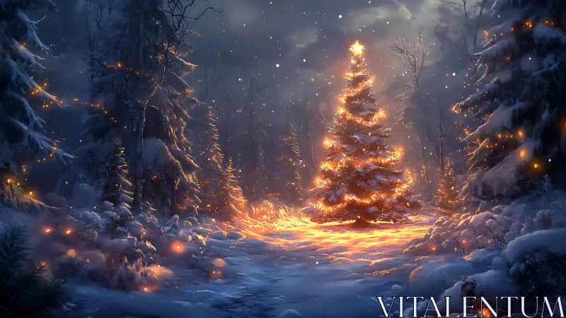 Illuminated fir tree in snowy forest at night time.