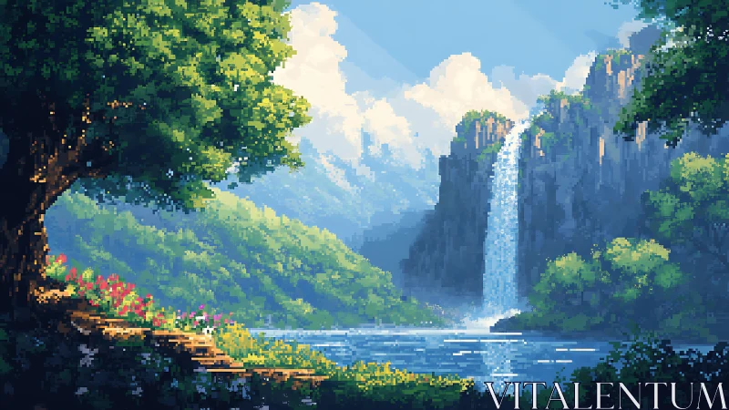 Sunlit pixel forest opens onto a calm waterfall valley