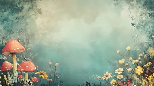 Mushrooms and wildflowers on soft teal fantasy field.