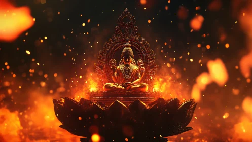 Golden deity statue seated on lotus amid intense flames.