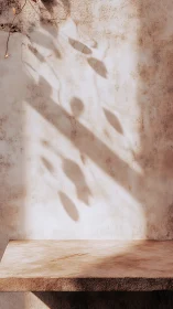 Sunlit stone shelf with soft plant leaf shadows on wall.