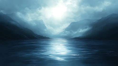 Moody digital seascape with misty blue mountain silhouettes.