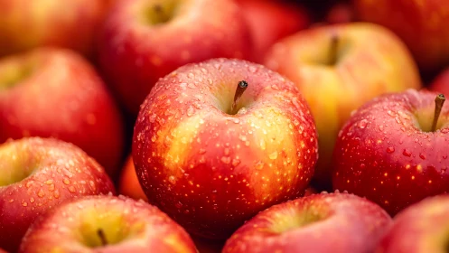 Macro optical study of dewy red-yellow apples in cluster.
