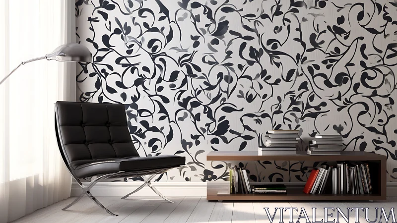 Monochrome lounge with floral vector wallpaper and steel chair.