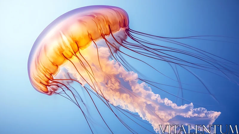 Translucent jellyfish glows in luminous cyan marine field.