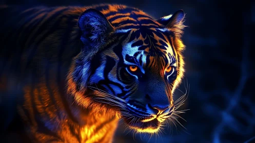 Tiger head rendered in vivid blue and orange lighting