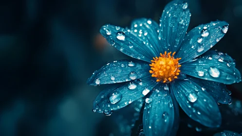 Turquoise Flower with Dew Drops and Bright Yellow Center.