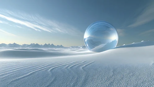 Translucent sphere on snow dunes under clear polar sky.