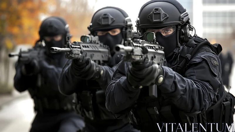 Tactical police entry team in full ballistic gear aiming carbines.