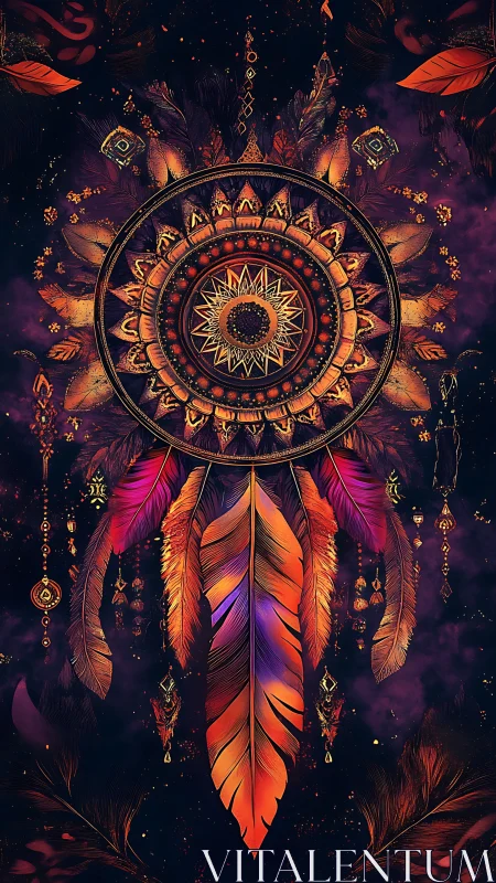 Radiant mandala dreamcatcher with luminous cosmic feathers.