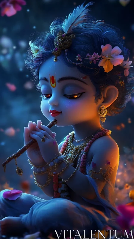 Gentle baby deity sits in dusk light, cradling a flute