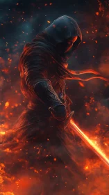 Hooded armored figure holds a glowing sword amid rising embers