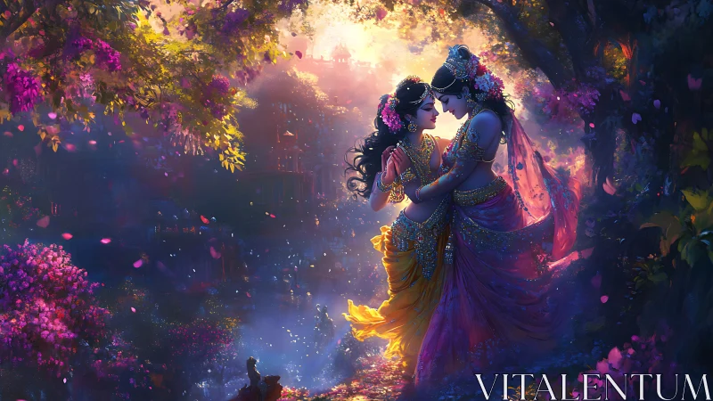 Luminous Lovers Entwined in Blossom-Draped Twilight Magic.
