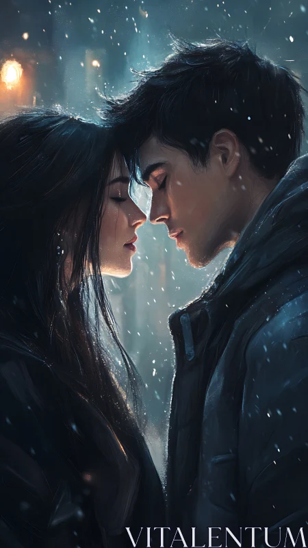 Intimate Winter Portrait: Digital Painting of Two Figures in Snowfall.