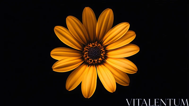 Golden daisy bloom against black background. Dramatic isolation.