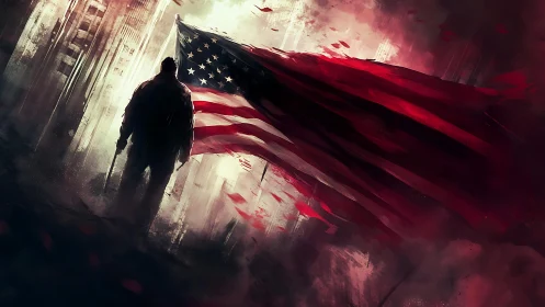 Silhouetted figure stands beneath stormlit American flag