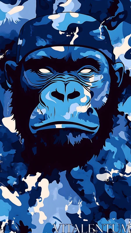 Stylized blue gorilla portrait with abstract camouflage pattern.
