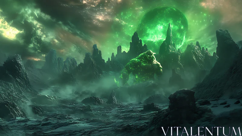 Volcanic alien colossus under irradiated emerald planet.