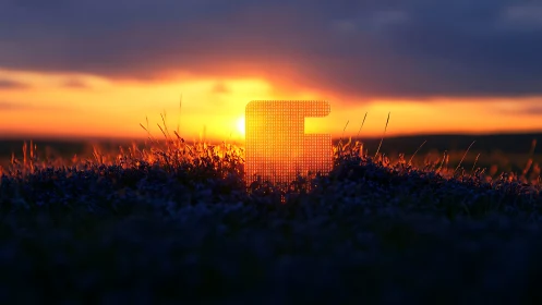 Perforated block panel stands in backlit sunset field scene