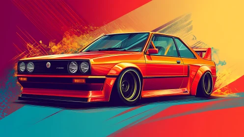 Widebody retro coupe rendering with neon gradient speed trails.