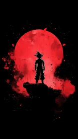 Silhouetted warrior stands against a textured crimson moon