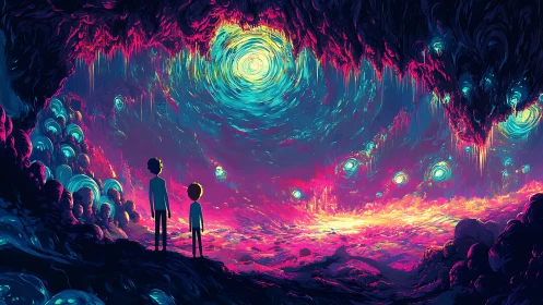 Bioluminescent cavern vista with two silhouetted child explorers