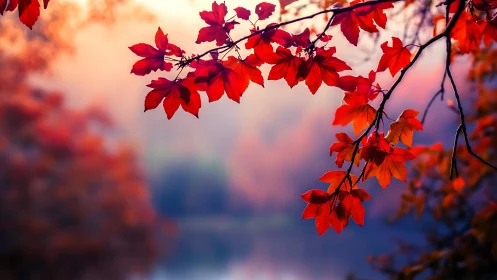 Red autumn maple leaves hang sharply over soft blurred background