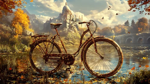 Vintage Bicycle by Castle in Golden Autumn Landscape