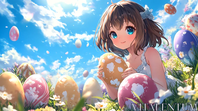 Spring meadow daydreams with a girl and painted eggs.