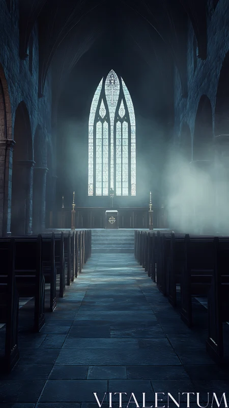 Gothic church nave glows with misty stained glass light.