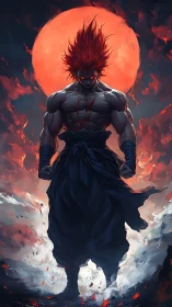 Volcanic warrior silhouette under eclipsed blood moon sky.