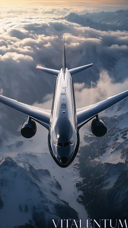 Silver jet gliding above dreamy sunrise mountain clouds.