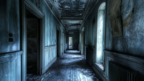 Decayed blue corridor in abandoned building interior.