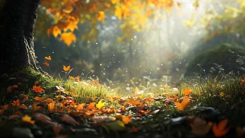 Sunlit forest floor with scattered autumn foliage.