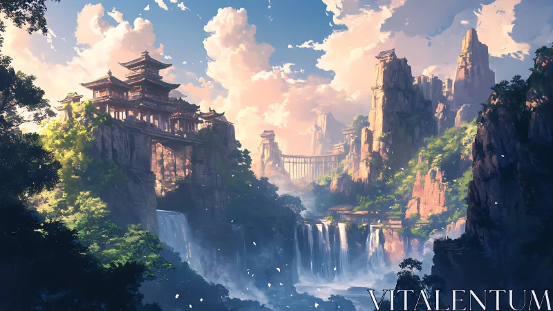 Mountain temple city overlooks cascading valley waterfalls