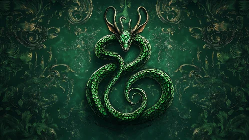 Serpentine dragon coils on baroque emerald ornamental field