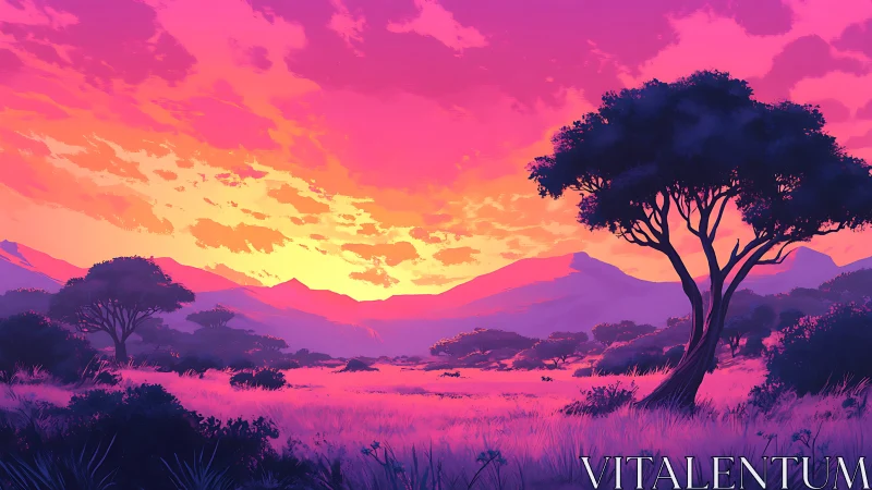 High-saturation savanna sunset with silhouetted acacia trees and layered hills