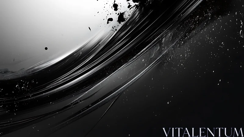 Sweeping black ink arc swirling through soft silver light.