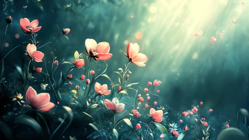 Pink flowers with rays of light in atmospheric composition.