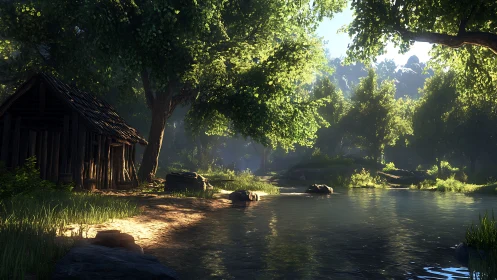 Sunlit riverside forest with old wooden cabin shelter.