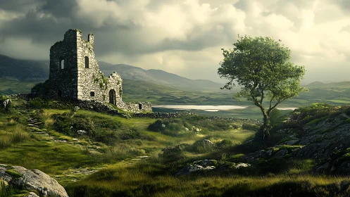 Stone tower ruin overlooks sunlit highland valley lake