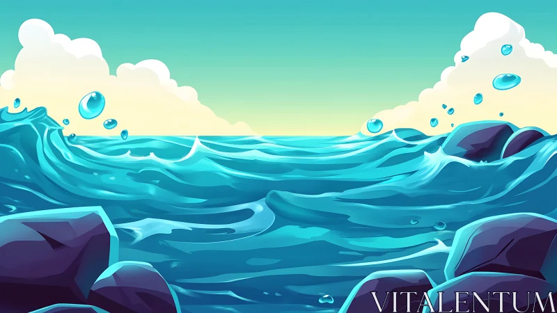 Turquoise surf dances between cartoon rocks and sunlit clouds.