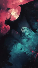 Silhouetted dragon form against red and teal sky field.