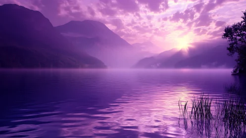 Iridescent violet sunrise over tranquil mountain lake.