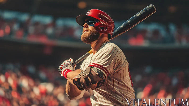 Bearded baseball slugger locks in under golden stadium light.