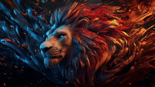 Lion head rendered in flowing dual tone digital abstraction