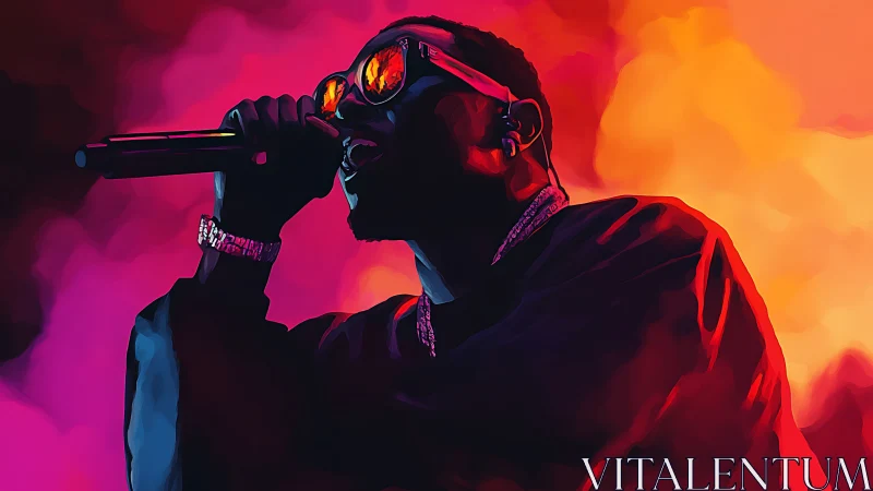 Digital singer portrait glows under neon concert lights.