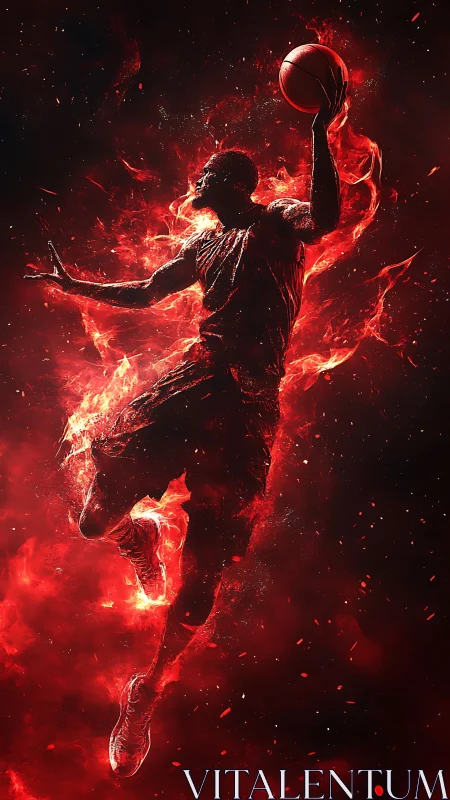 Fiery basketball player soars upward in explosive motion